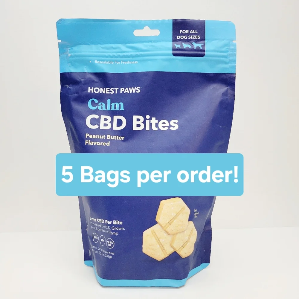 5 Bags of Honest Paws Calm 5mg Bites Dog Treats 9.5oz Peanut Butter Flavor